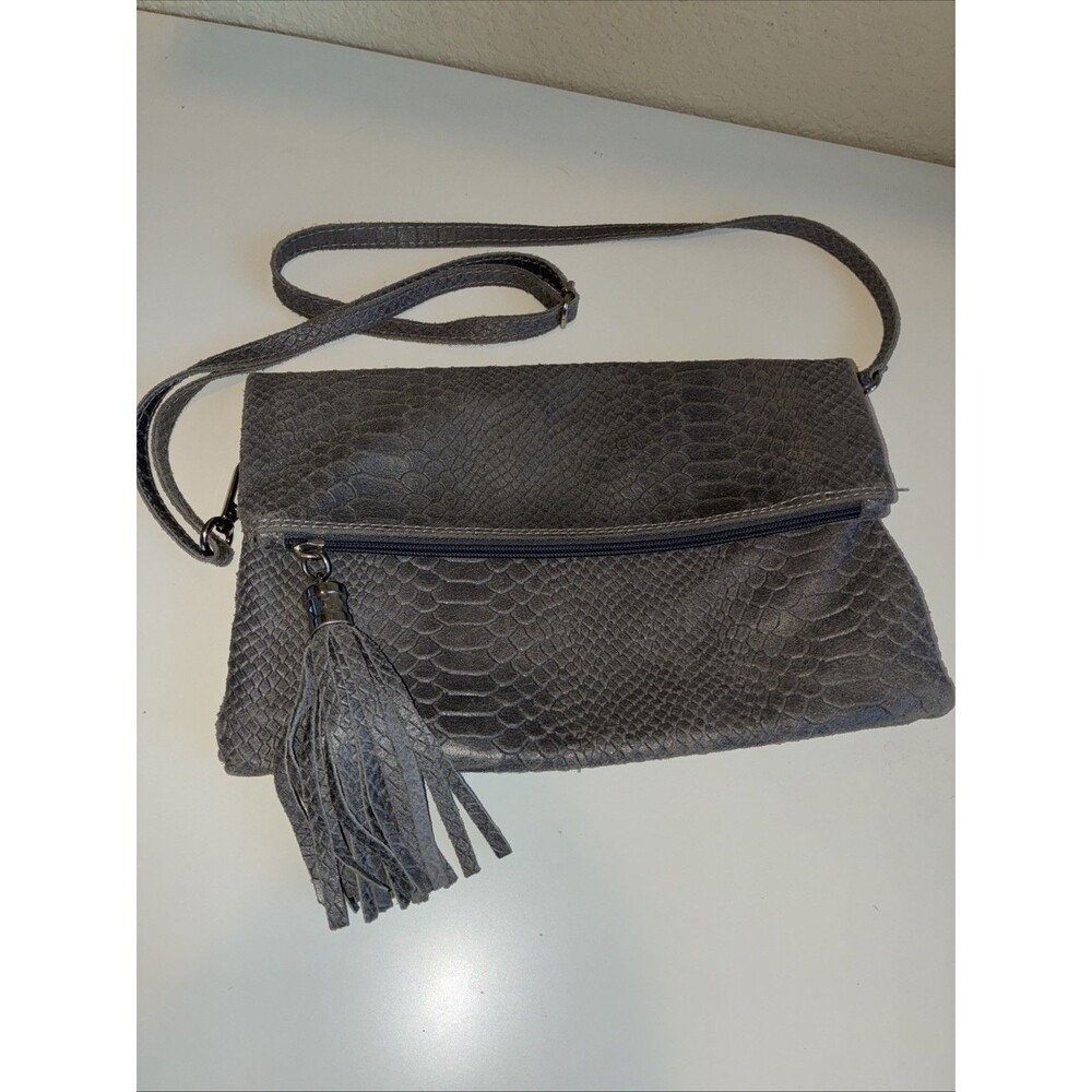 Italian Leather Crossbody Bag Reptile Embossed Gray Tassel Bag Charm Fold Over